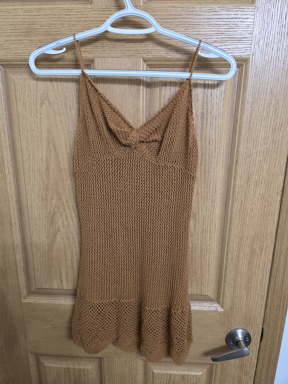Tan Crochet Knit Mini Dress with Twist Front